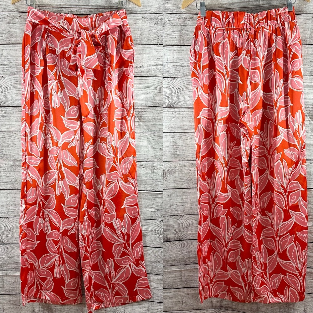 Sincerely Jules Red Satin Tropical Floral Tie Belt Pleated Dress Pants NWT